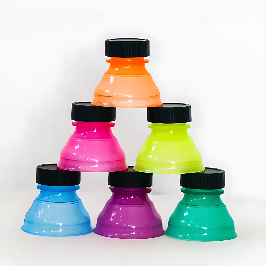 6 multi-colored lids for soda, beer and beverage cans.