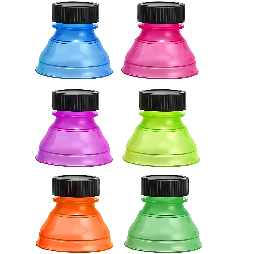 6 multi-colored lids for soda, beer and beverage cans.